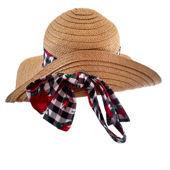 Betsey Johnson Wide Brim Straw Sun Hat with Gingham & Floral Ribbon - Picture 3 of 10